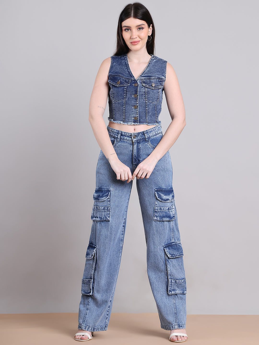PUELLA Women’s Denim Sleeveless Crop Top with Button Front & Frayed Hem