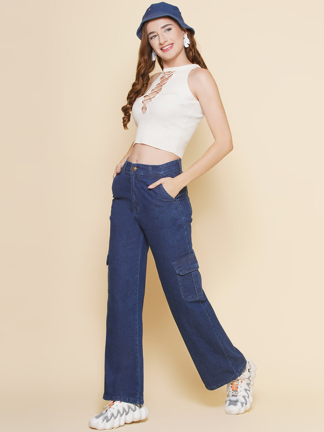 PUELLA Women’s Cargo Straight Fit Mid Rise Jeans – Dark Blue