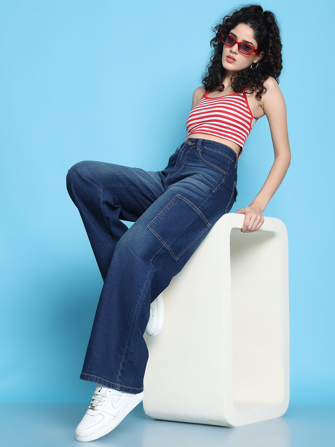 PUELLA Women High-Rise Dark Indigo Cargo Wide-Leg Jeans