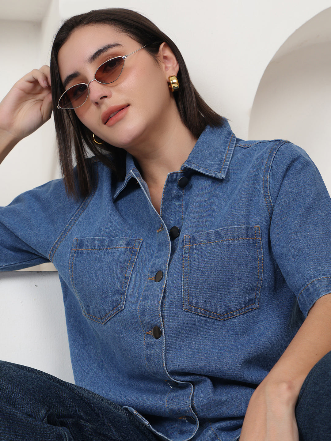 PUELLA Women Blue Denim Relaxed Fit Short Sleeve Shirt