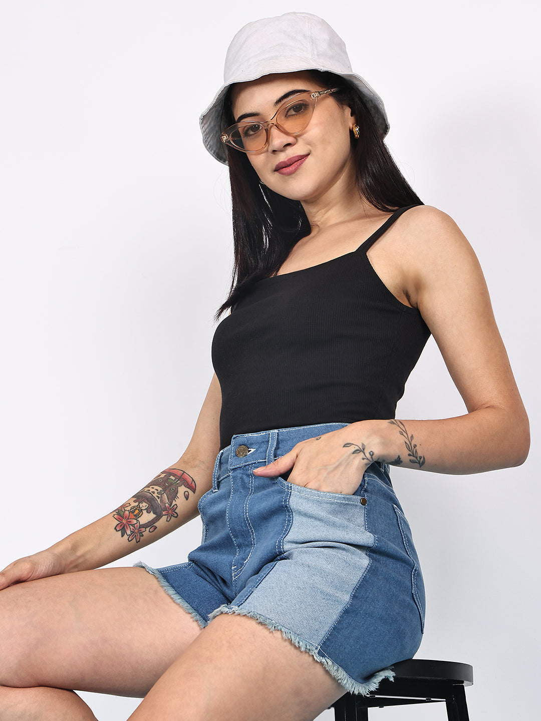 PUELLA Women Blue High-Rise Two-Tone Denim Shorts