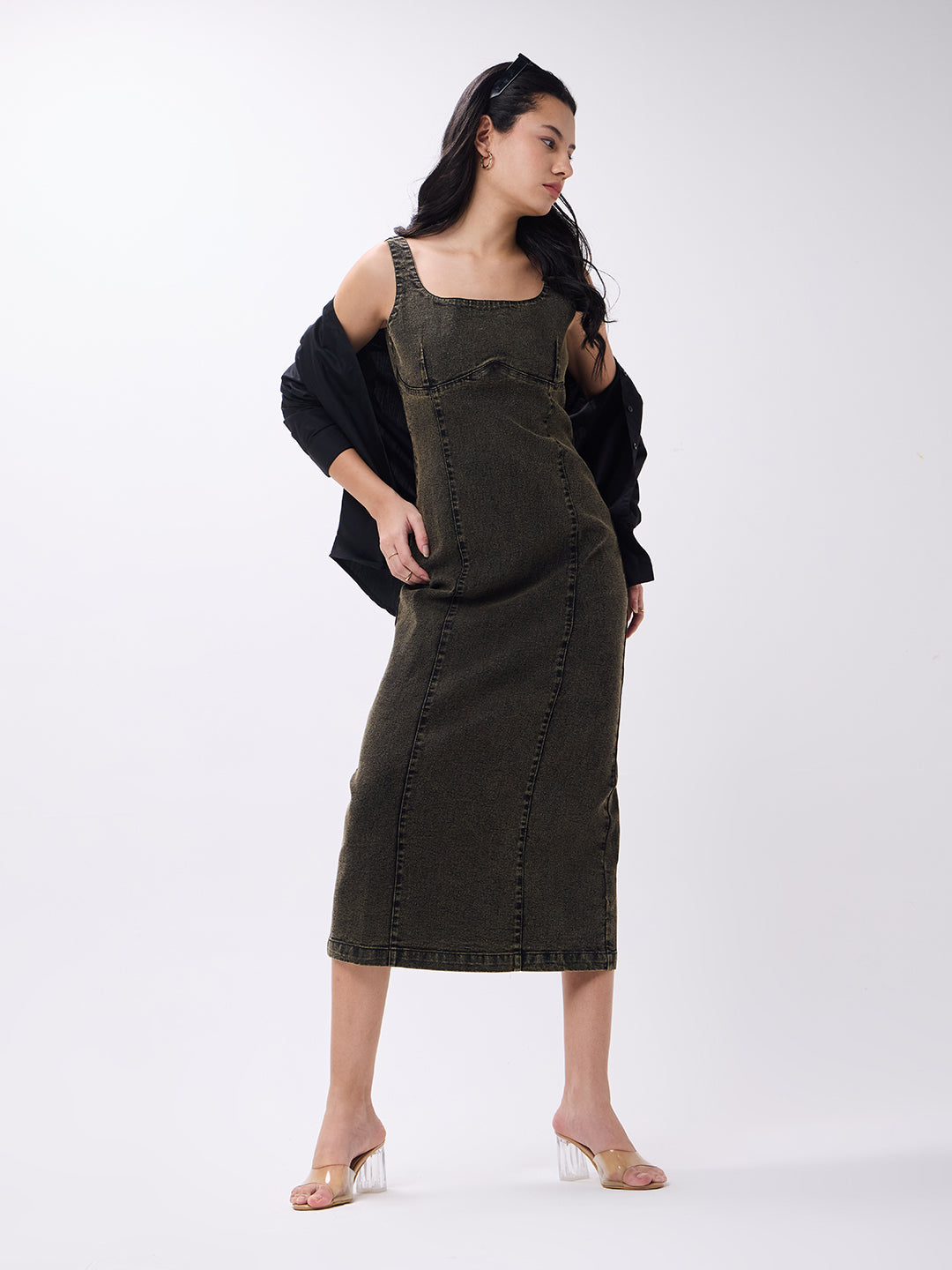 PUELLA Women’s Olive Washed Sleeveless Denim Bodycon Midi Dress