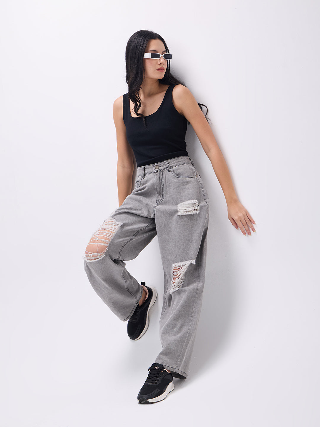 PUELLA Women High-Rise Grey Distressed Wide-Leg Jeans