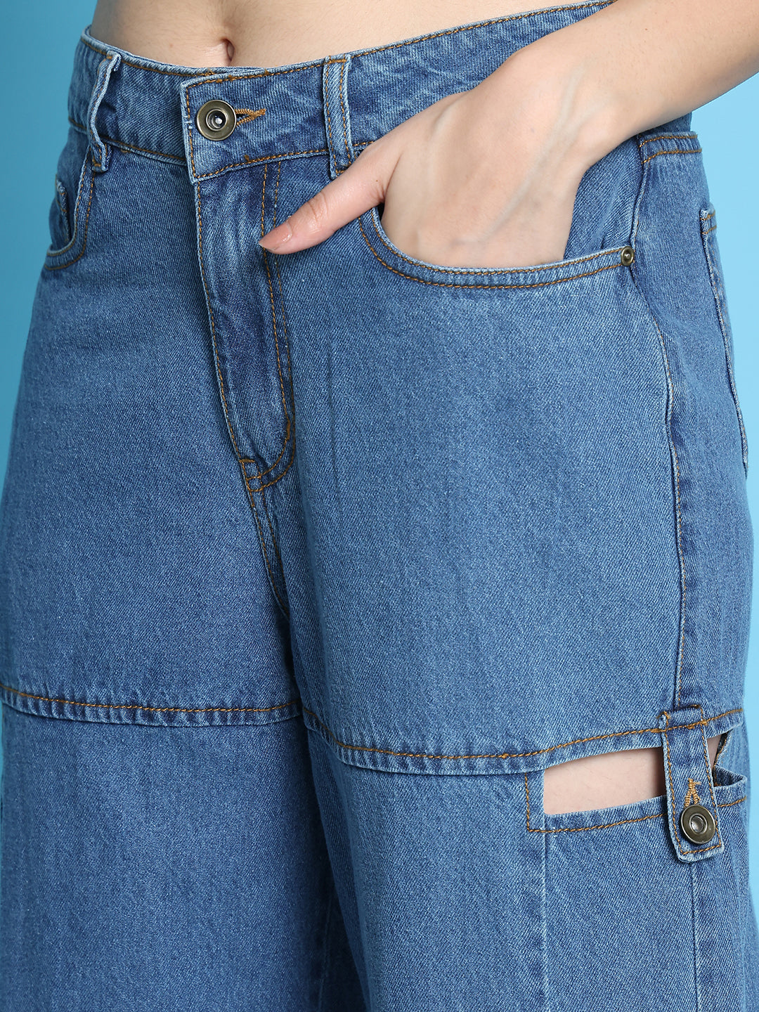 PUELLA Women’s Blue High-Rise Loose Straight Fit Jeans