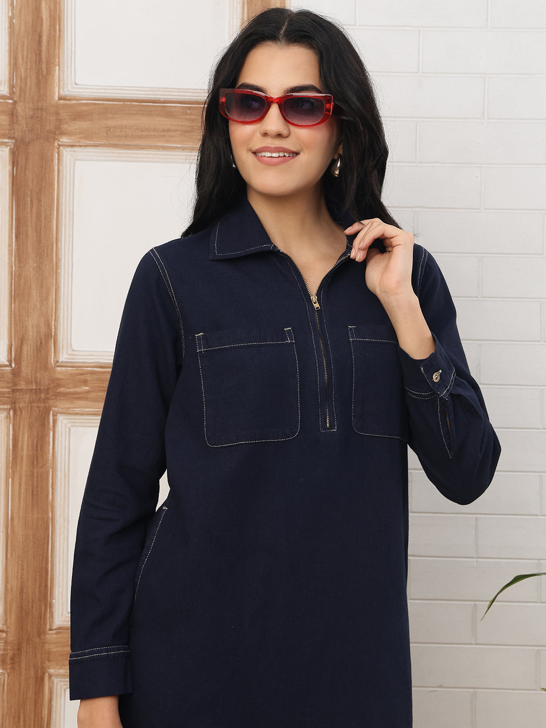 Women's Navy Blue Long Sleeve Denim Shift Dress – Casual High-Neck Quarter-Zip Mini Dress with Contrast Stitching
