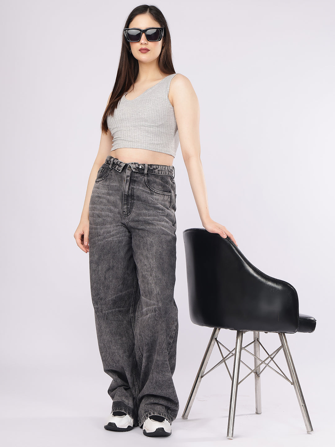 Women’s Grey High-Rise Loose Fit Denim Jeans
