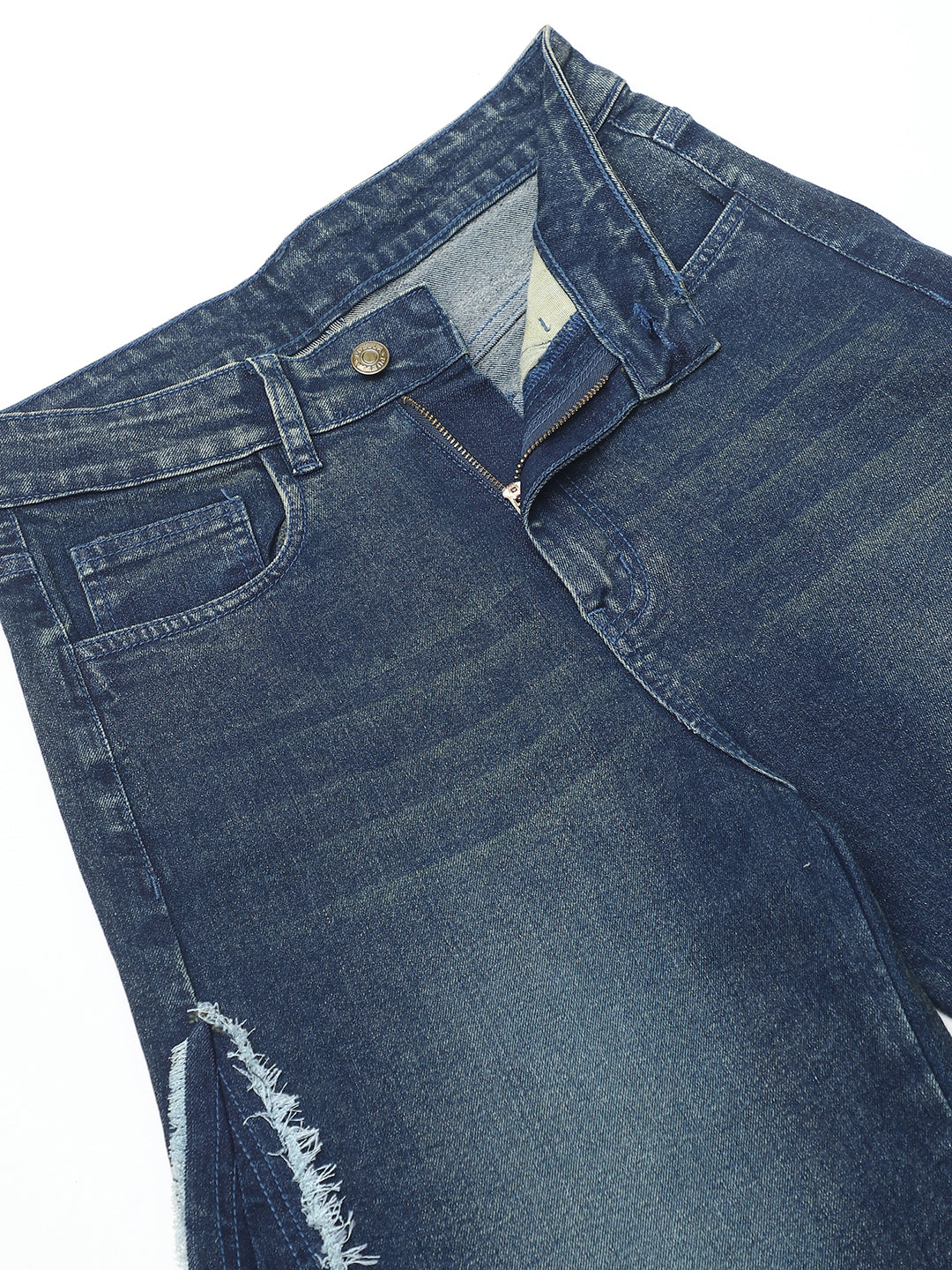 PUELLA Women High-Rise Dark Blue Side Frayed Seam Wide-Leg Jeans