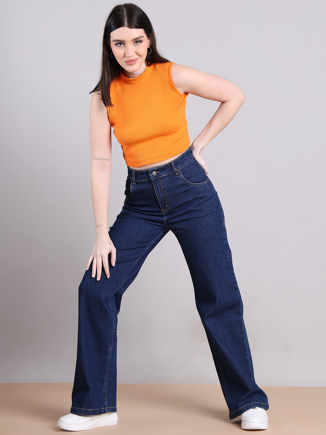 PUELLA Women Dark Blue High-Rise Utility Pocket Wide-Leg Jeans