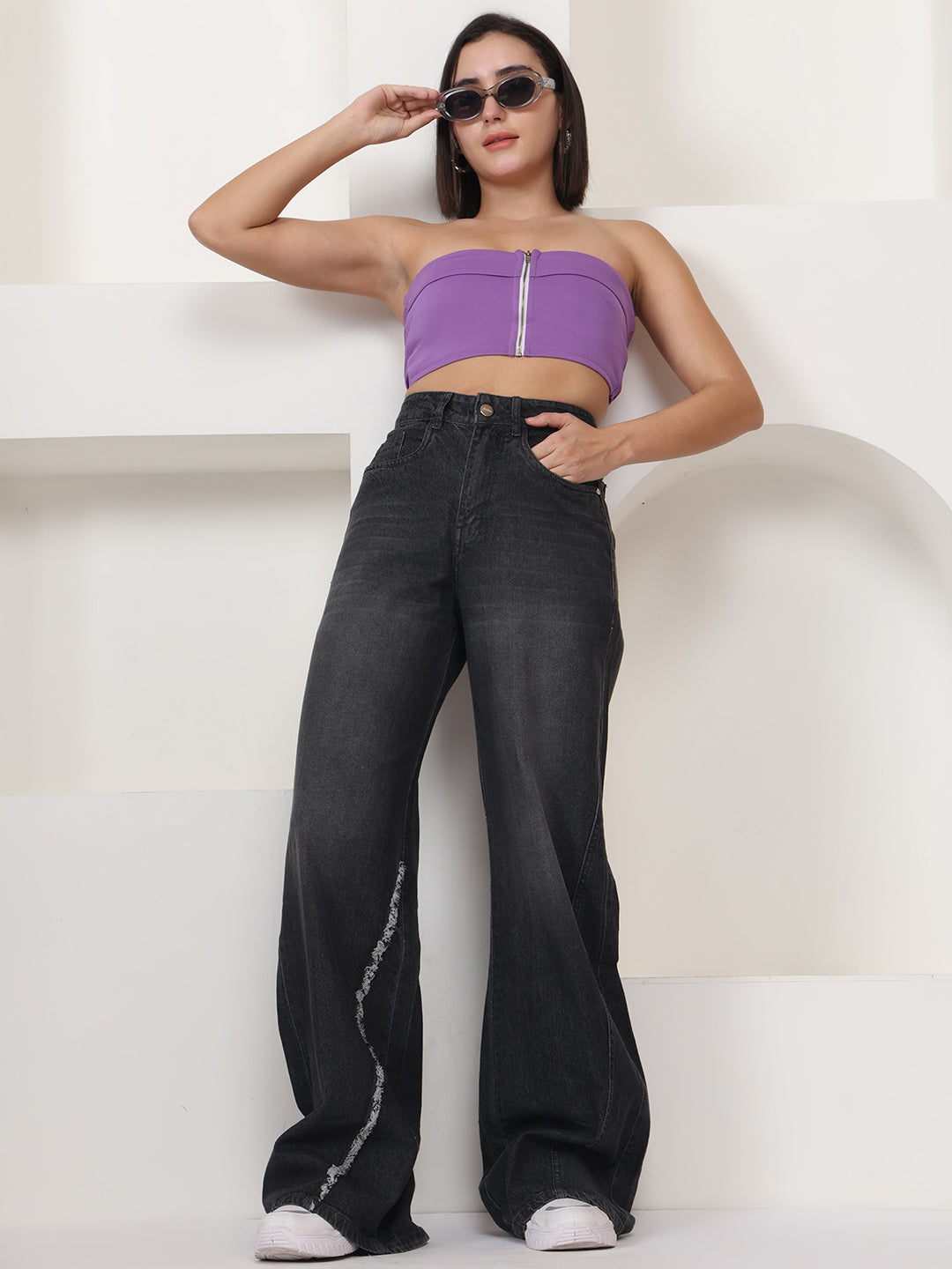 PUELLA Women Dark Grey High-Rise Wide Leg Jeans