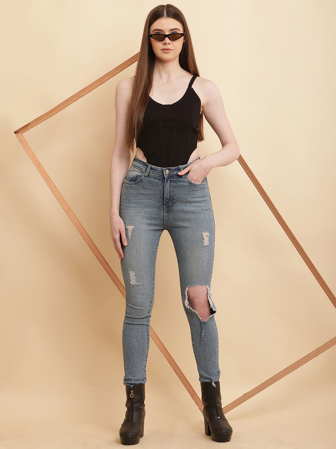 PUELLA Women’s Black Denim Corset Crop Top with Spaghetti Straps