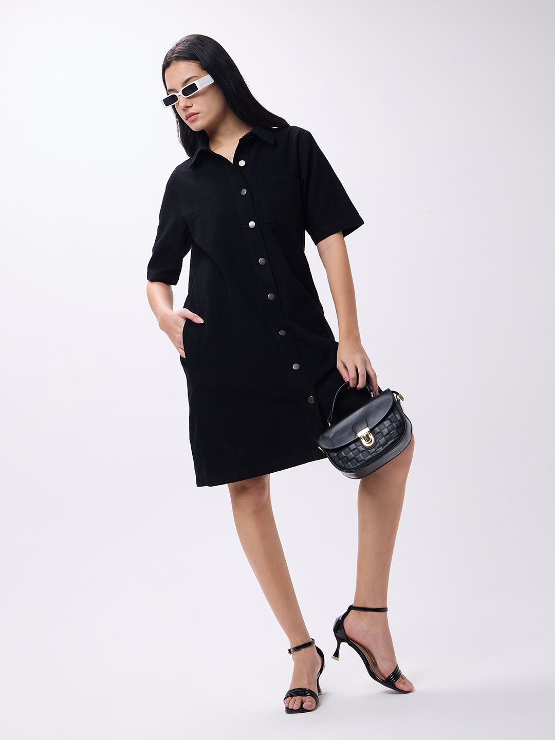 PUELLA Women’s Black Denim Shirt Dress with Half Sleeves & Button-Down Front