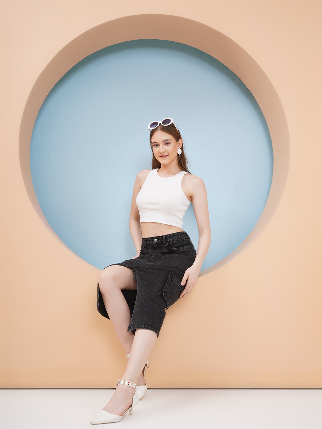 PUELLA Women’s charcoal High-Rise Cargo Style Denim Skirt with Front Slit