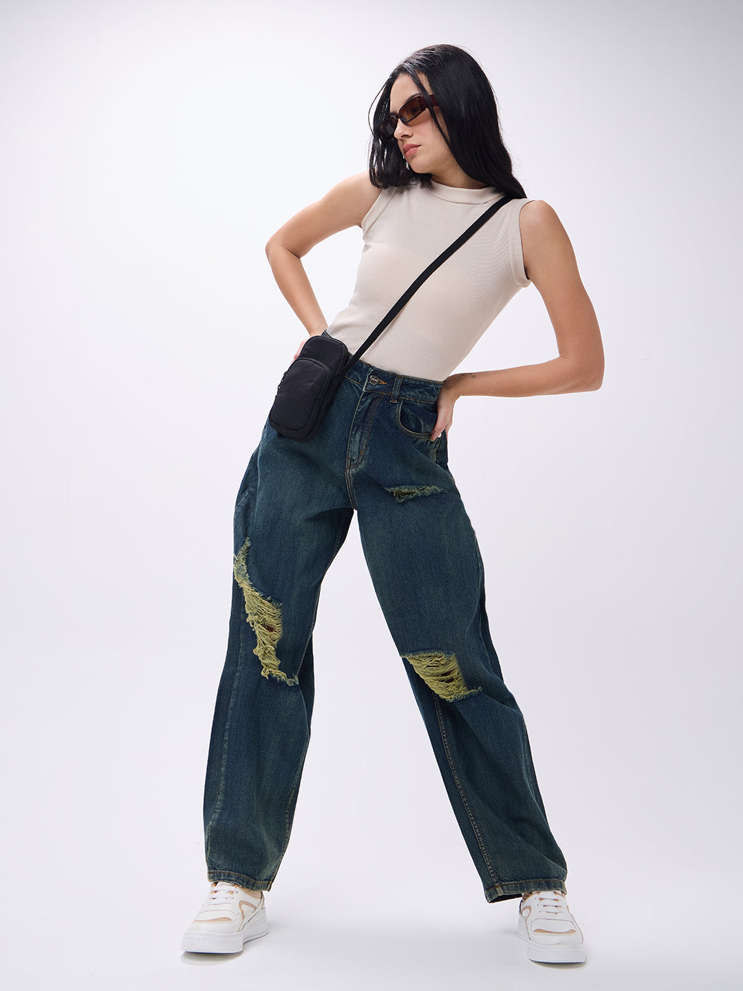 PUELLA Women High-Rise Dark Blue Distressed Wide-Leg Jeans