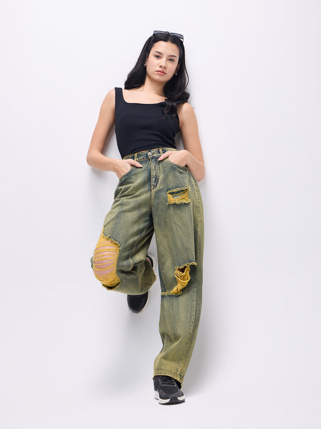 PUELLA Women High-Rise Olive Distressed Wide-Leg Jeans