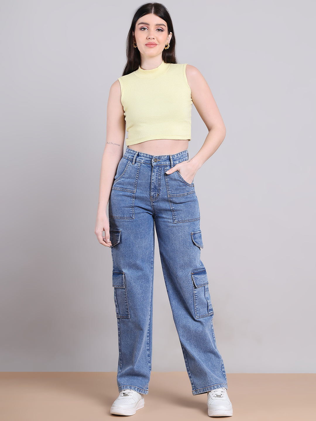 PUELLA Women Light Blue High-Rise Utility Cargo Wide-Leg Jeans