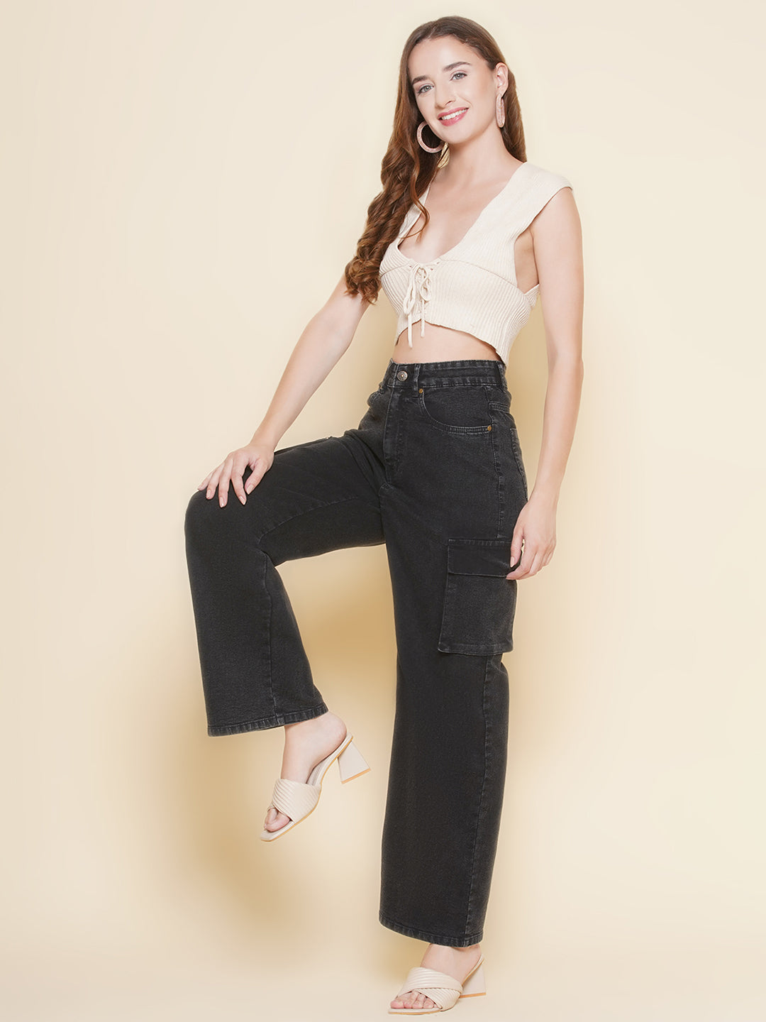 PUELLA Women’s High Rise Cargo Straight Fit Jeans – Black / Dark Blue