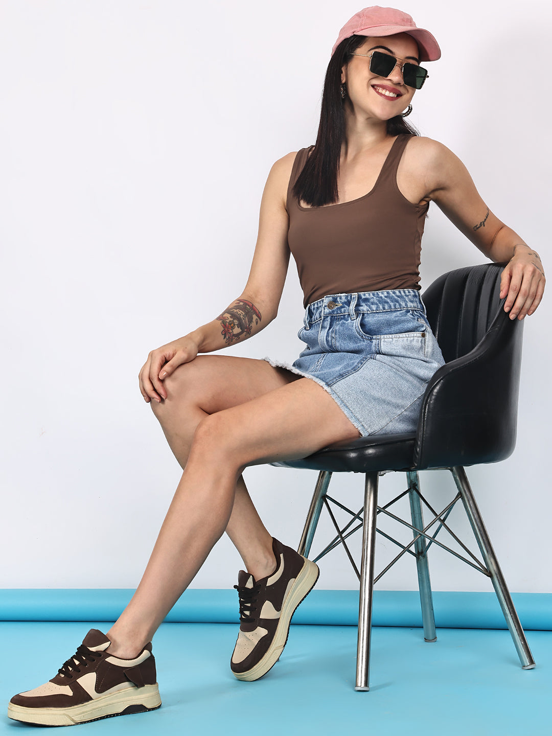 PUELLA Women's Blue Colourblocked A-Line Above-Knee Denim Skirt