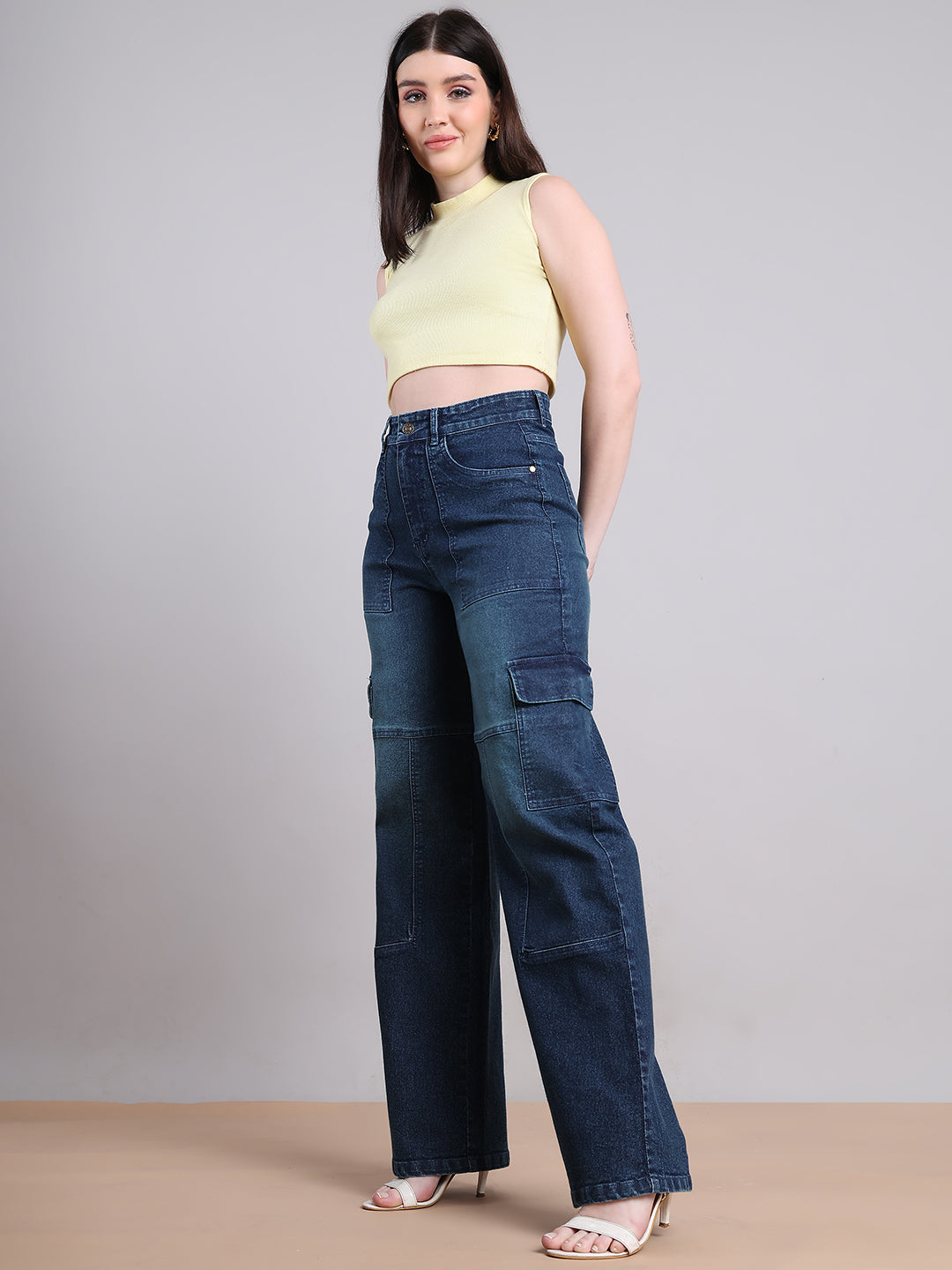 PUELLA Women Dark Indigo High-Rise Utility Cargo Wide-Leg Jeans