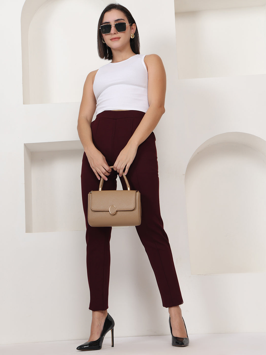 PUELLA Maroon High-Rise Slim Fit Formal Trousers