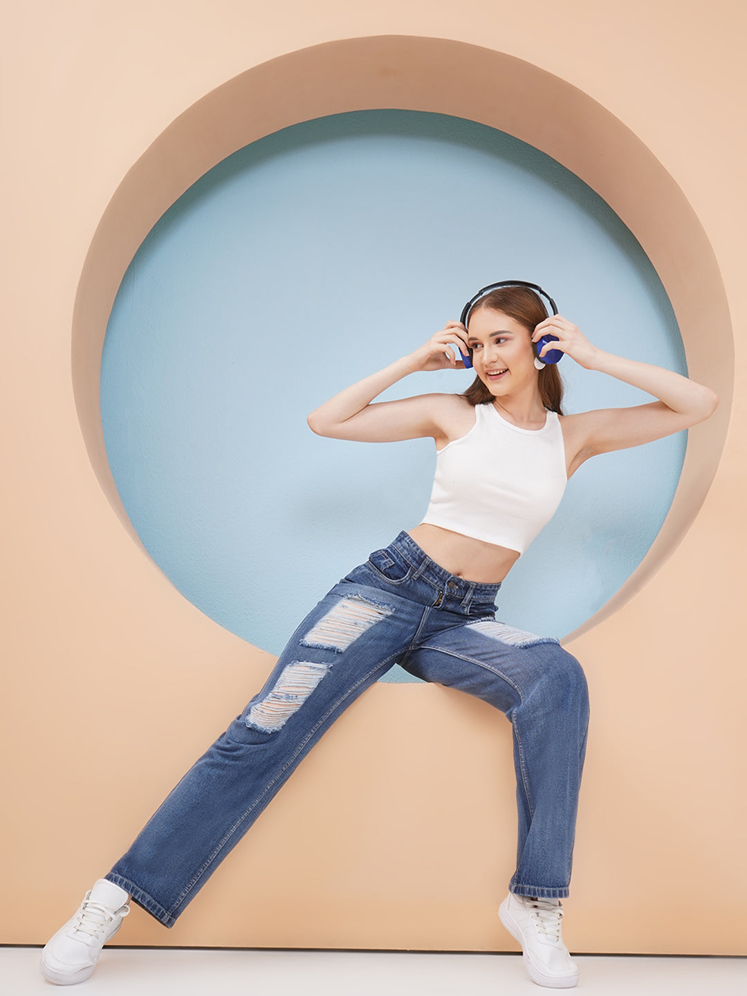 PUELLA Women Dark Blue High-Rise Distressed Straight Fit Jeans