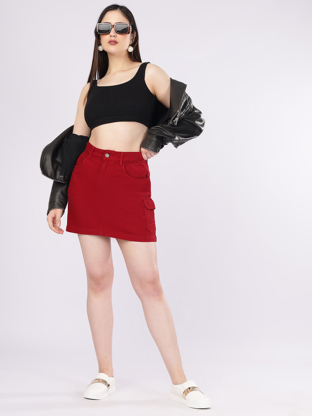 Women’s Maroon Utility-Detail Denim Mini Skirt