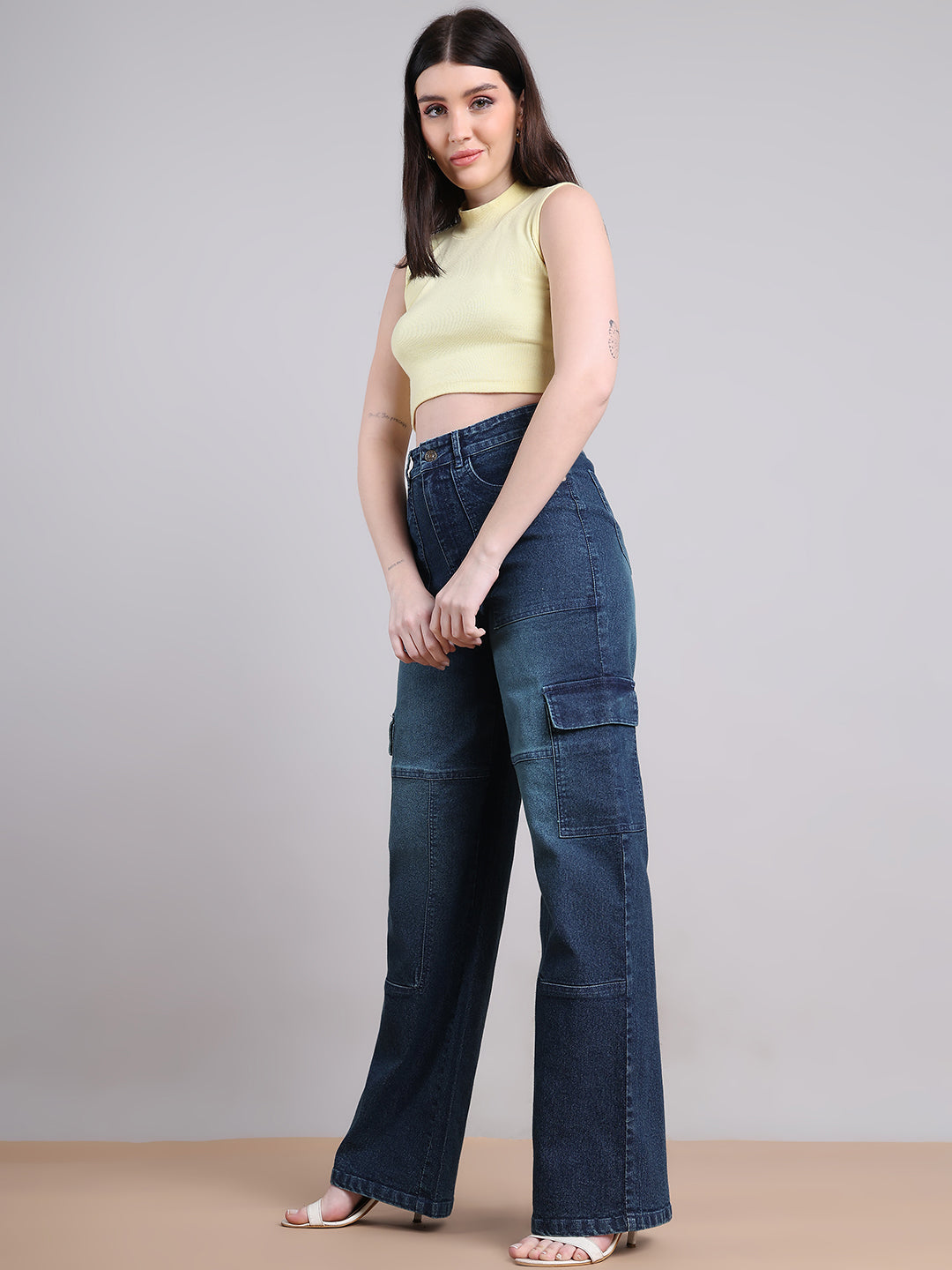 PUELLA Women Dark Indigo High-Rise Utility Cargo Wide-Leg Jeans