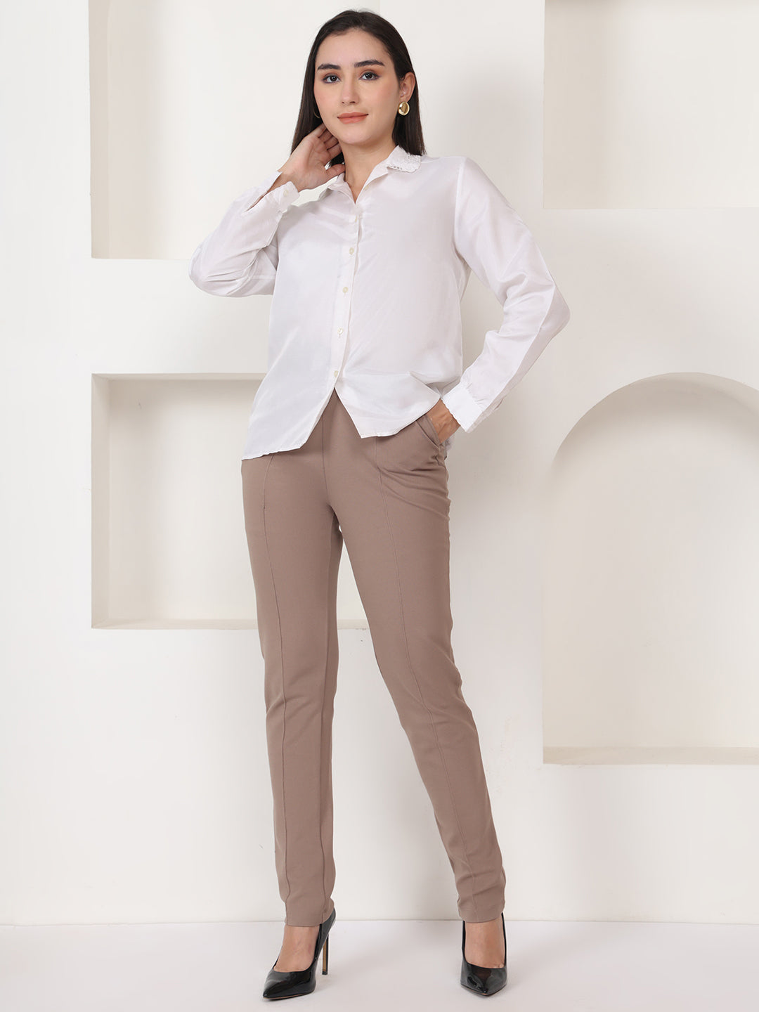 PUELLA Taupe High-Rise Slim Fit Formal Trousers