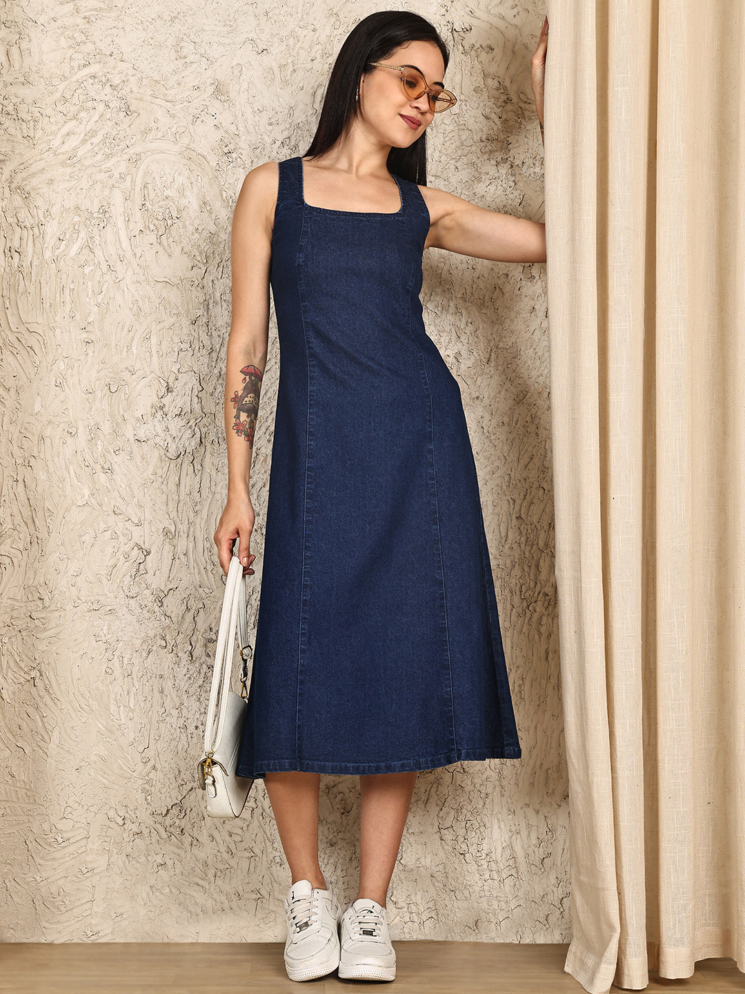 PUELLA Women’s Sleeveless Denim A-Line Midi Dress with Back Zipper