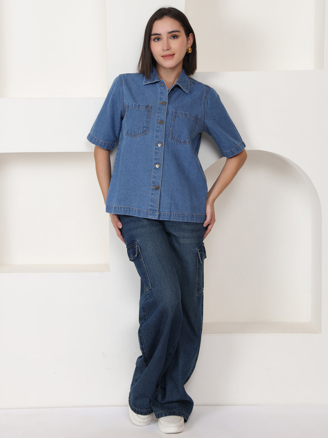 PUELLA Women Blue Denim Relaxed Fit Short Sleeve Shirt