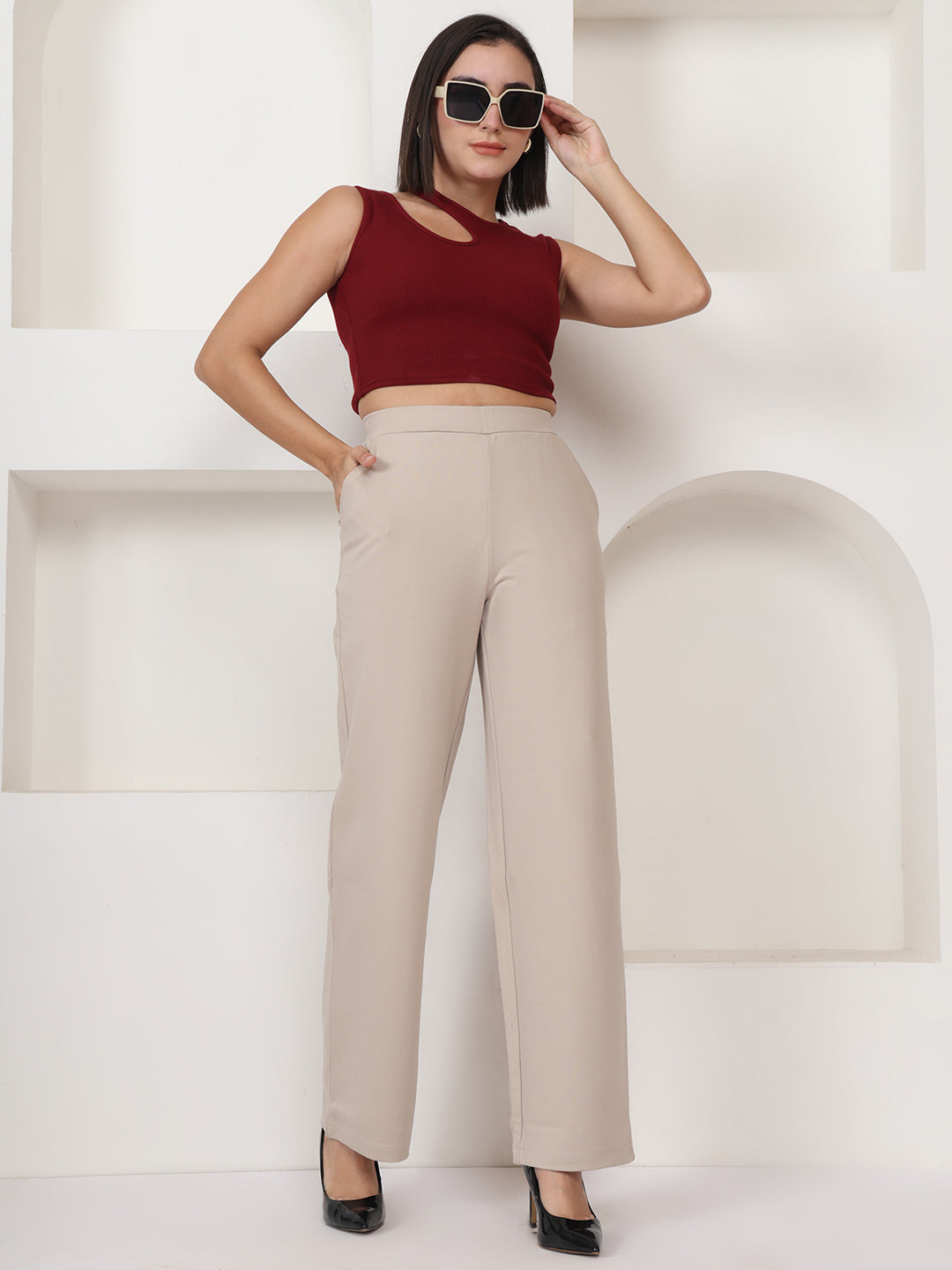 PUELLA Women’s Beige High-Rise Knitted Formal Trousers