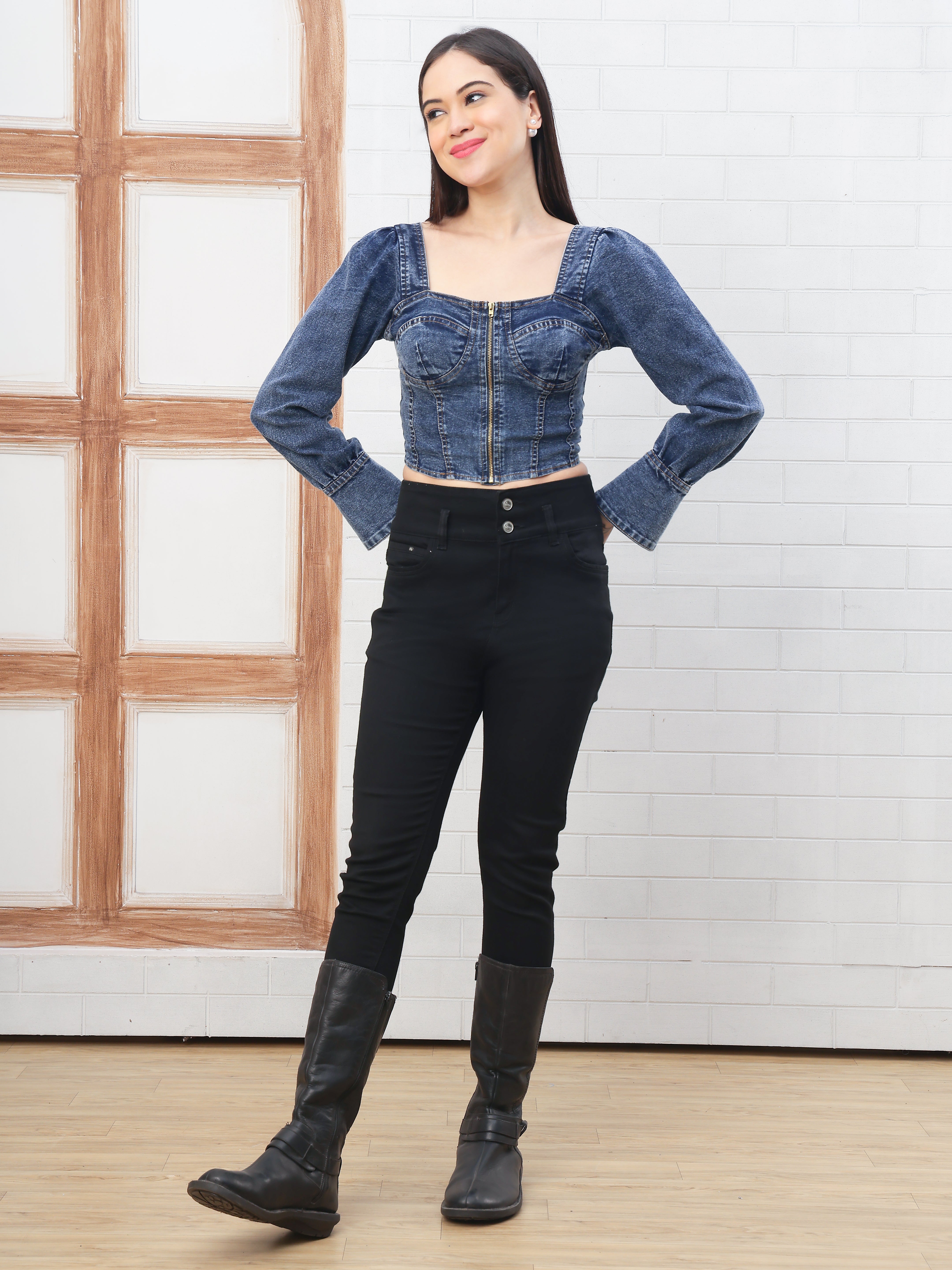 PUELLA Women’s Black Denim Corset Top | Full Sleeve Front Zipper Western Crop Top for Party, Casual & Clubwear