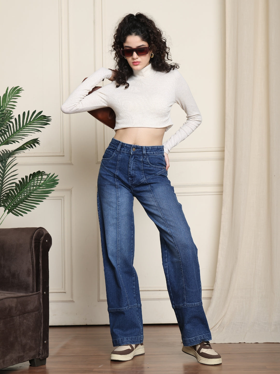 PUELLA Women High-Rise Light Blue Wide-Leg Jeans with Front Seam Detailing