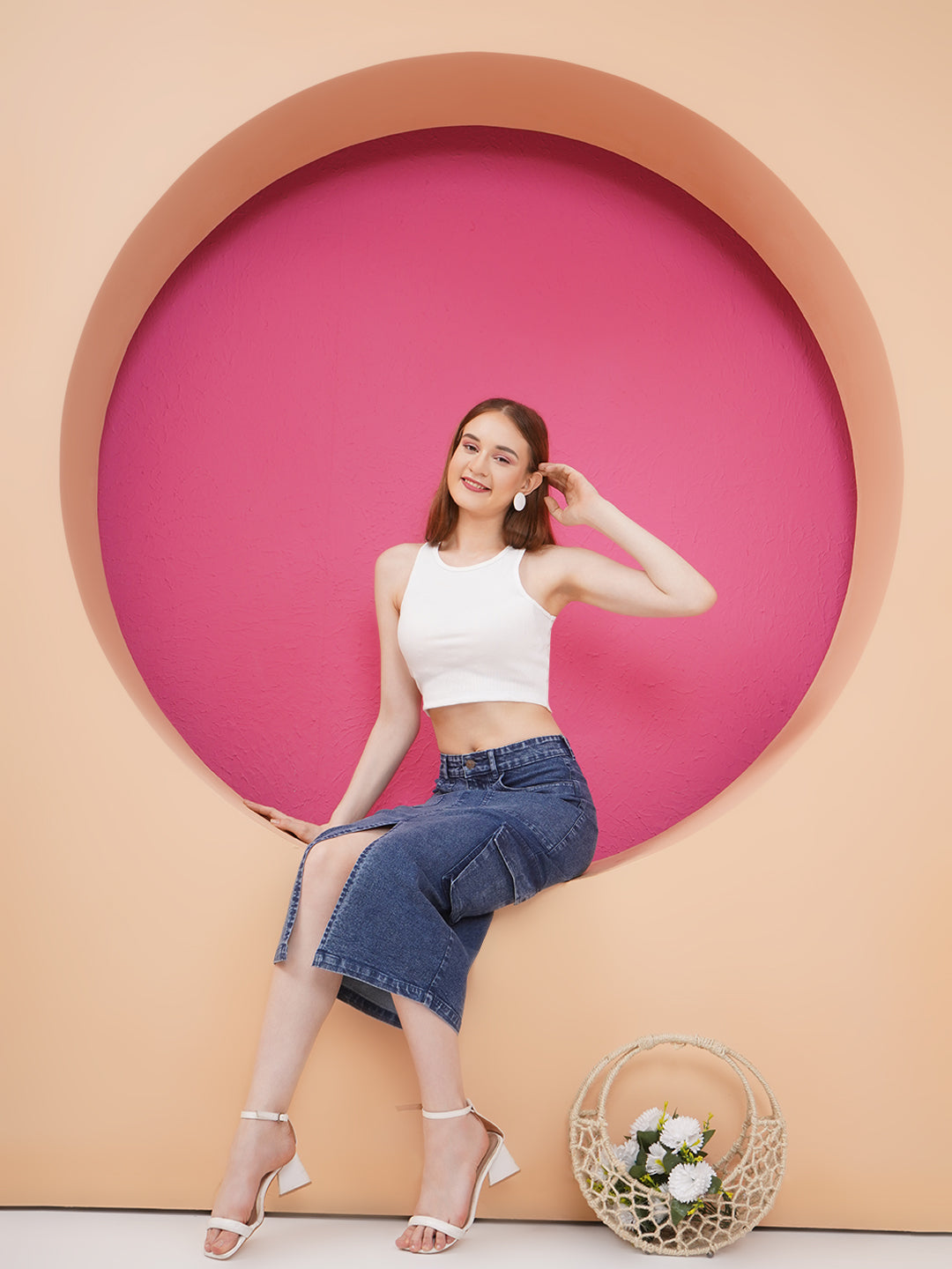 PUELLA Women’s Blue High-Rise Cargo Style Denim Skirt with Front Slit