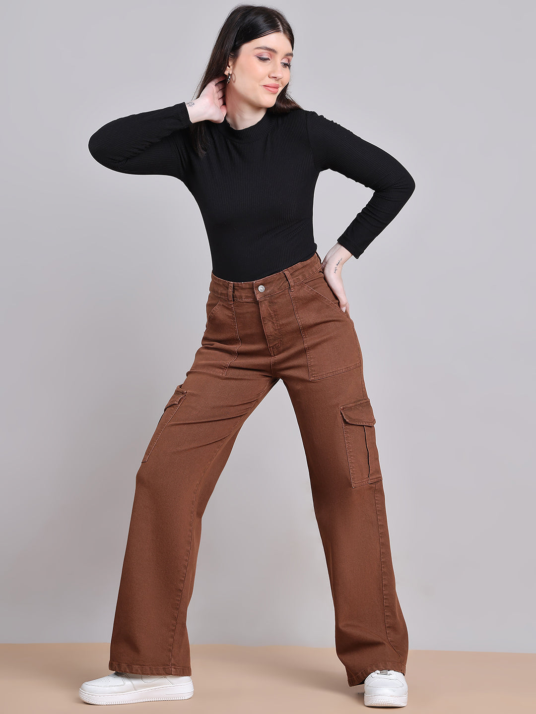 PUELLA Women Brown High-Rise Cargo Wide-Leg Jeans