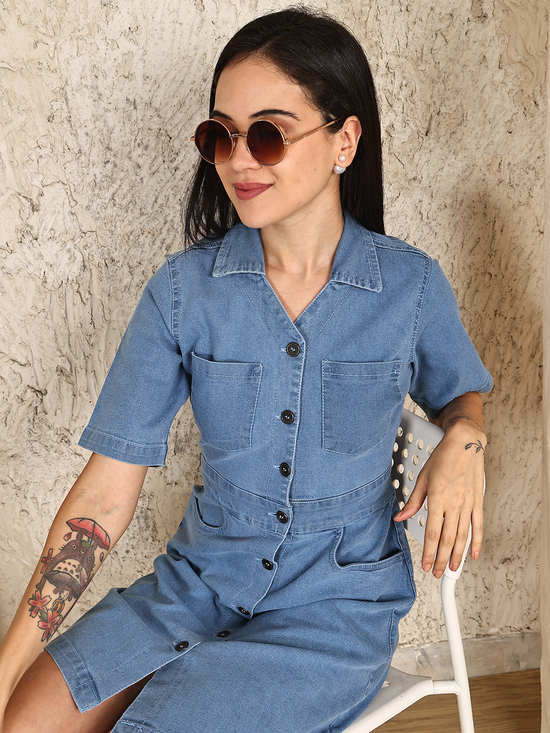 PUELLA Women’s Denim Button-Down Shirt Collar Mini Dress with Pockets – Blue Bodycon Casual Wear