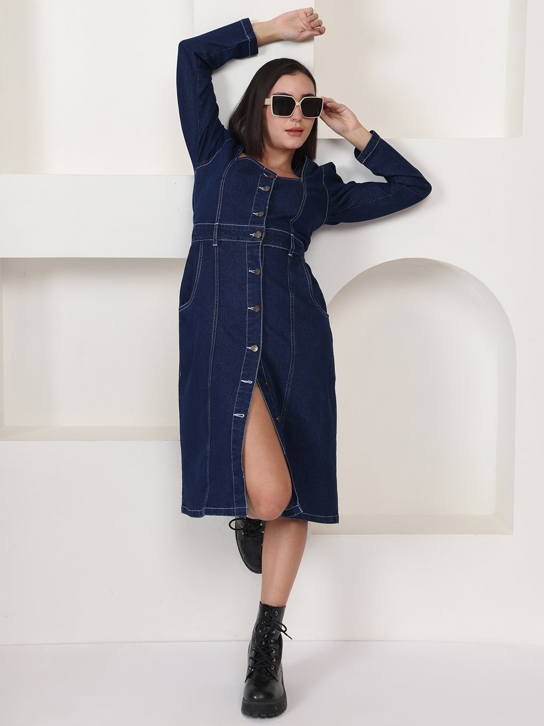 PUELLA Women Navy Blue Denim Square Neck Midi Sheath Dress