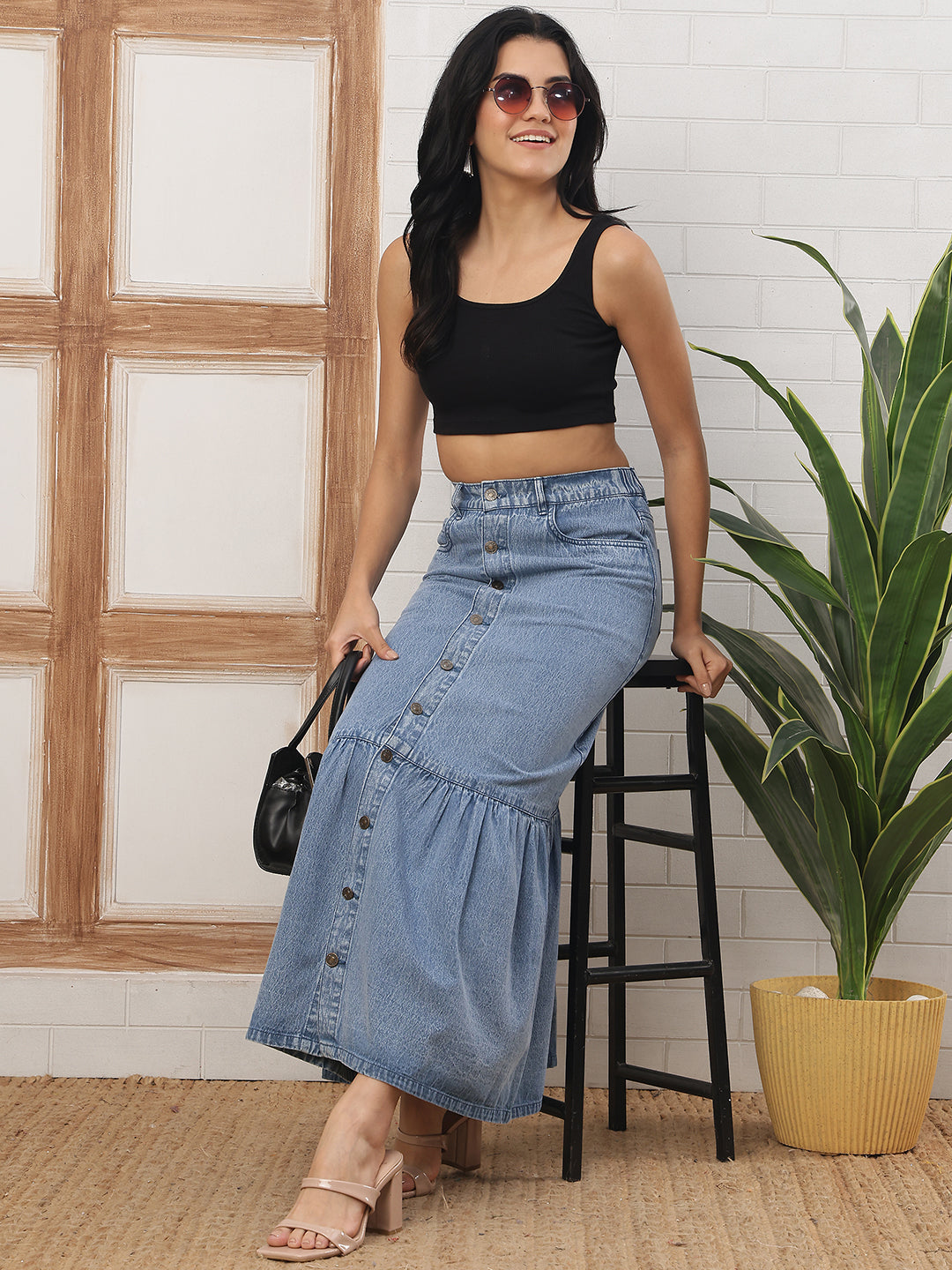 Women’s Light Blue Button-Down Tiered Denim Maxi Skirt