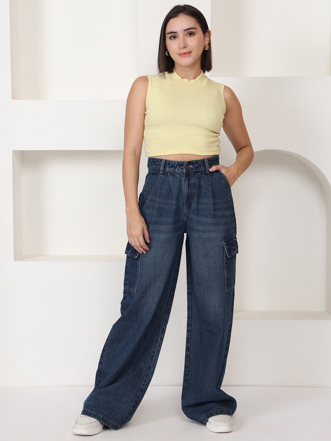 PUELLA Women Dark Blue Light-Fade High-Rise Baggy Cargo Jeans