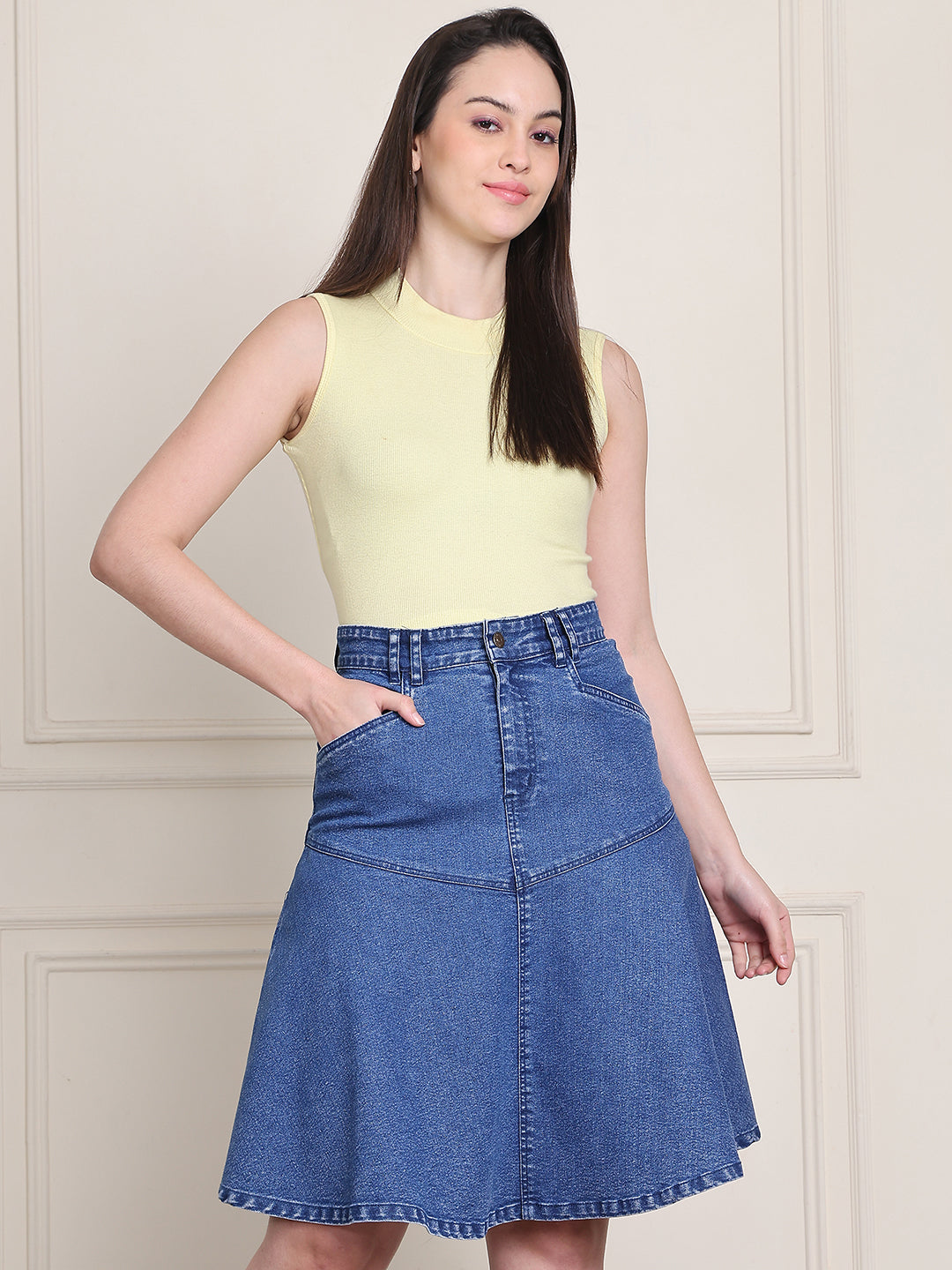 PUELLA Women's Blue Solid Flared Knee-Length Denim Skirt