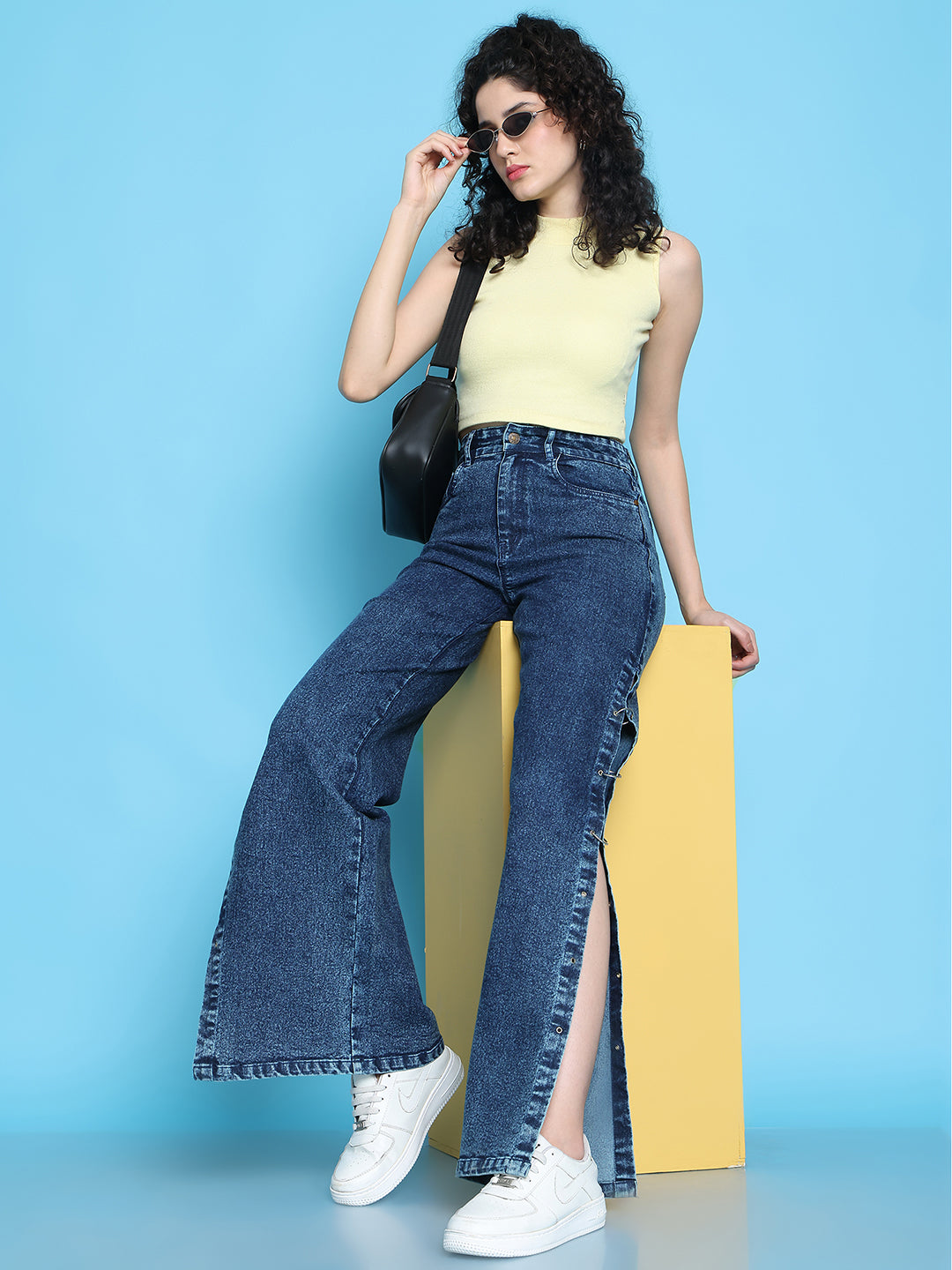 PUELLA Women High-Rise Dark Blue Side Slit Wide-Leg Jeans with Metal Ring Detailing