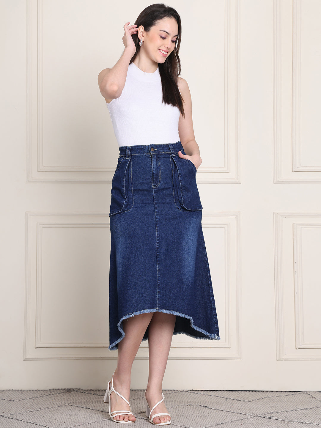 PUELLA Women's Blue Solid A-Line High-Low Denim Midi Skirt