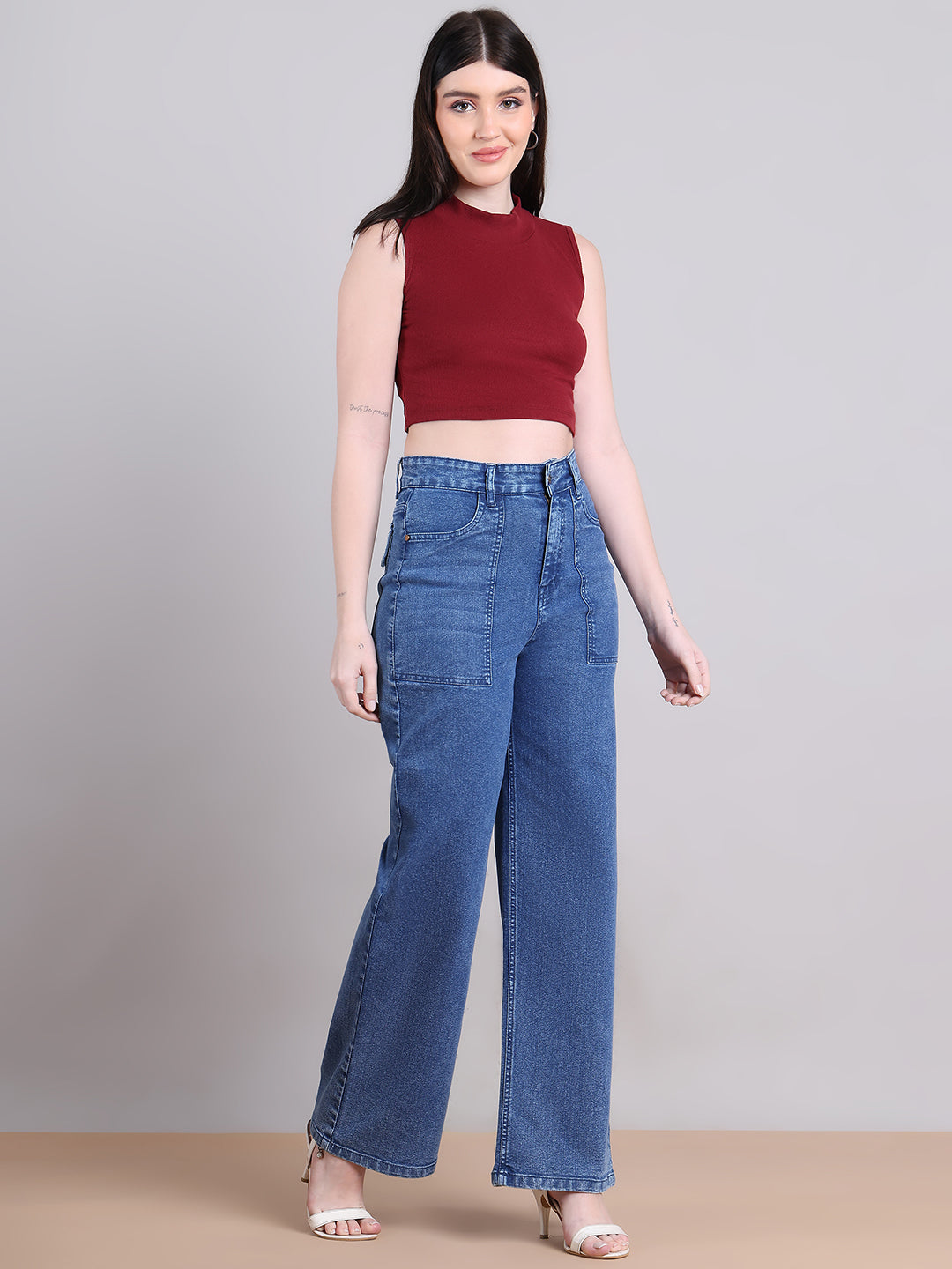 PUELLA Women Mid-Blue High-Rise Utility Pocket Wide-Leg Jeans