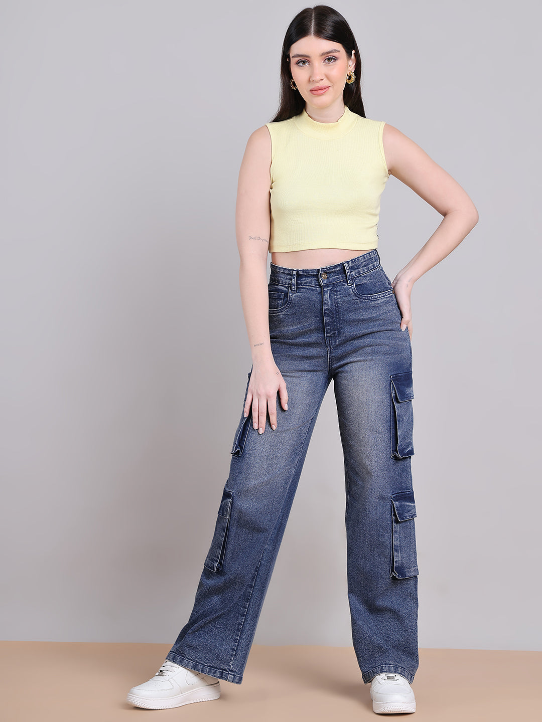 PUELLA Women Dark Blue High-Rise Multi-Pocket Cargo Wide-Leg Jeans