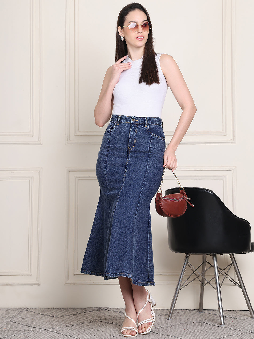 PUELLA Women's Blue Solid Flared Midi Denim Skirt