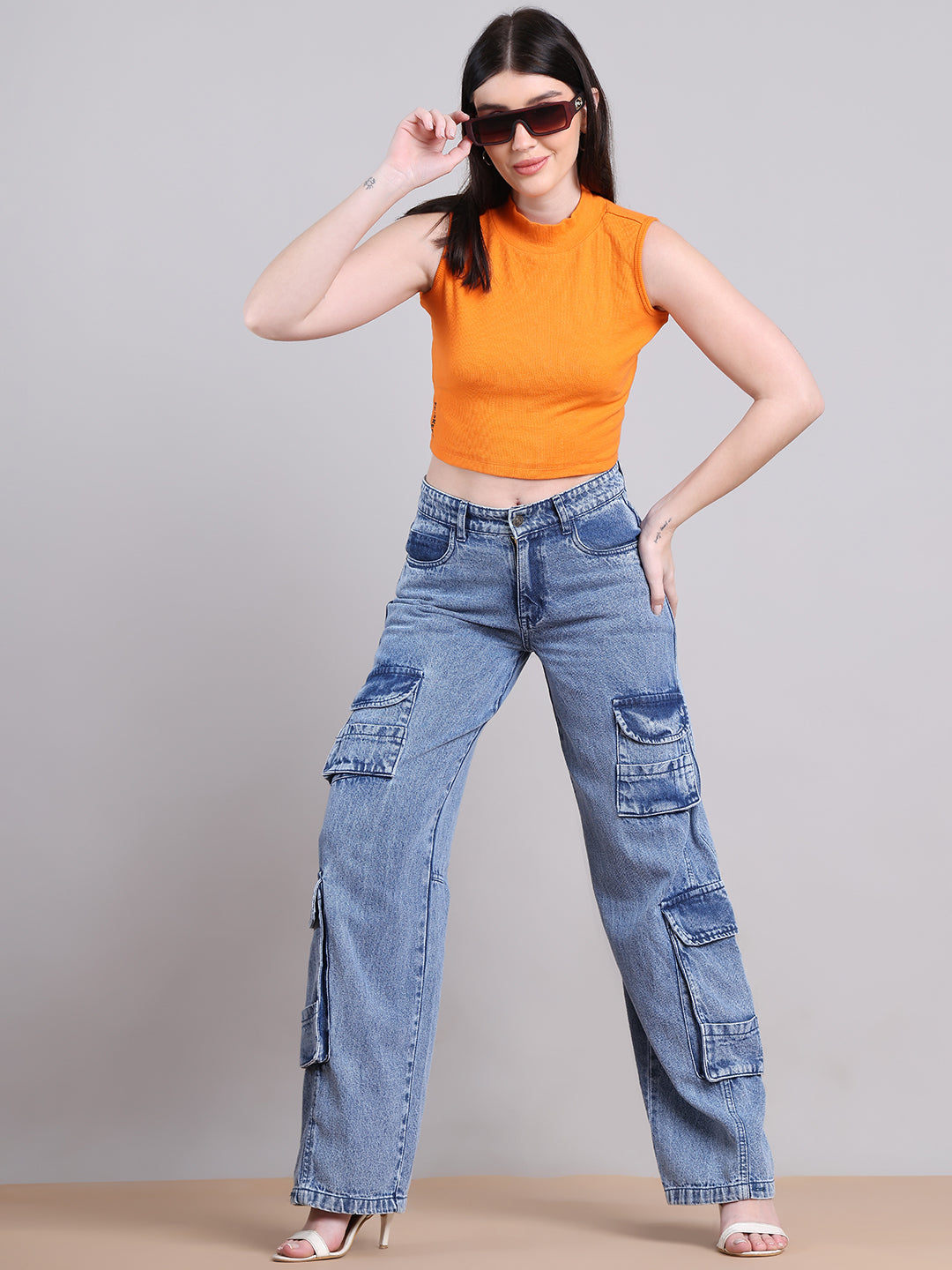 PUELLA Women Light Blue Multi-Pocket Cargo Wide-Leg Jeans