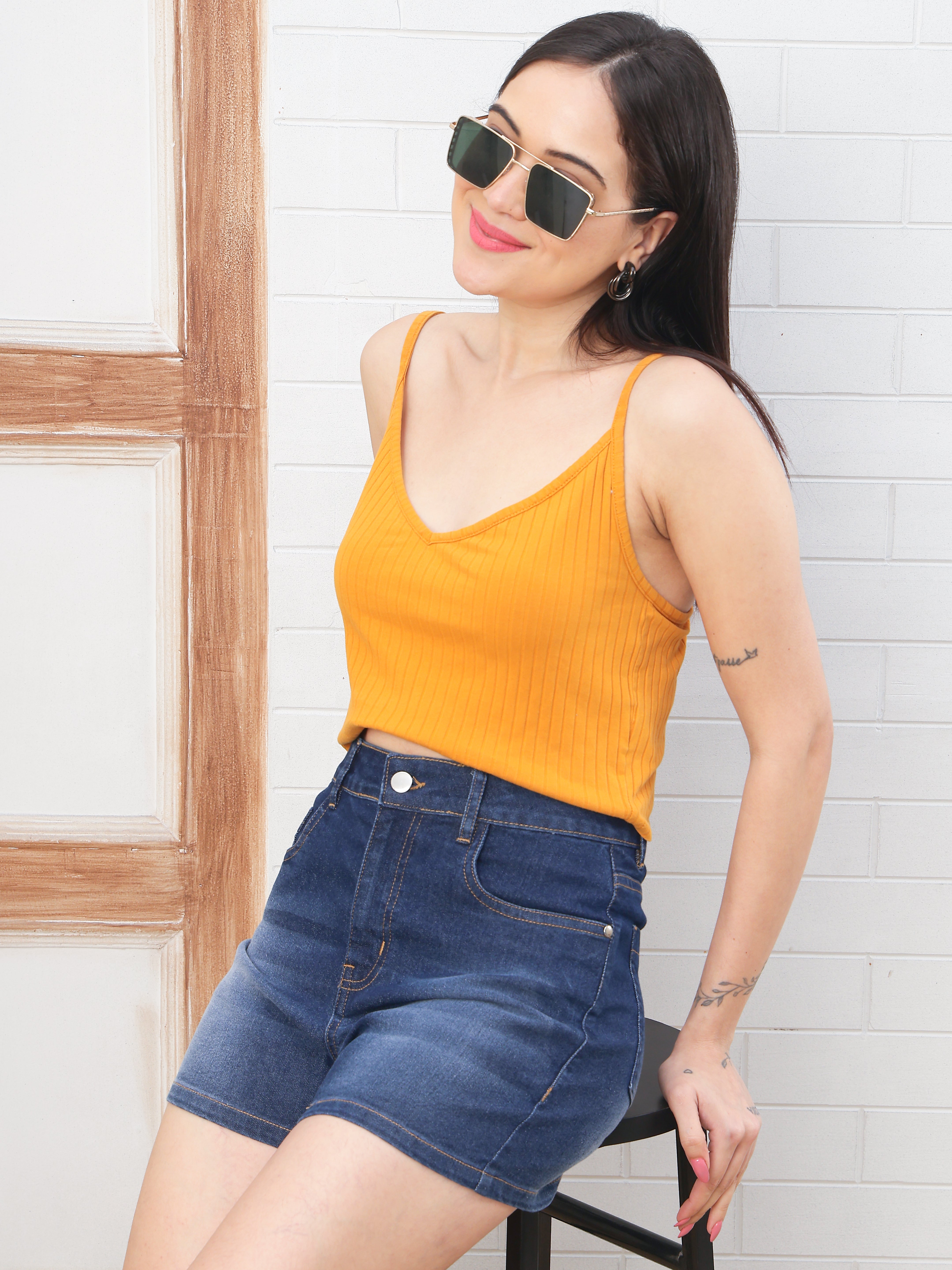 Dozer Dark Blue High-Rise Stretch Denim Shorts