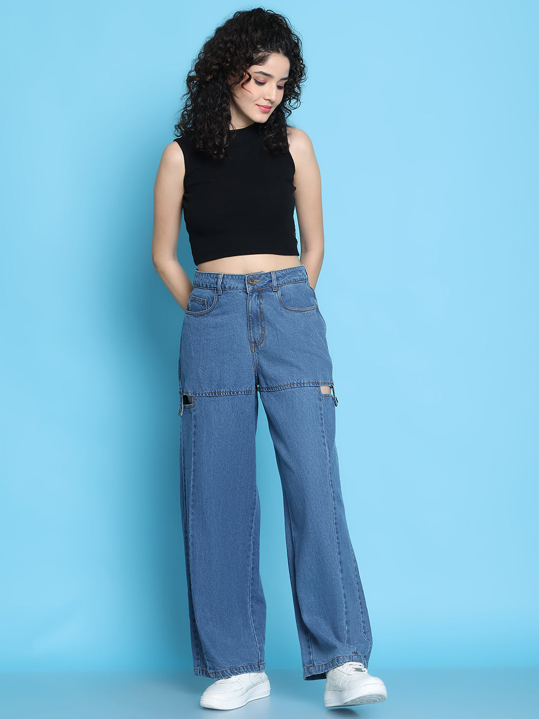 PUELLA Women’s Blue High-Rise Loose Straight Fit Jeans