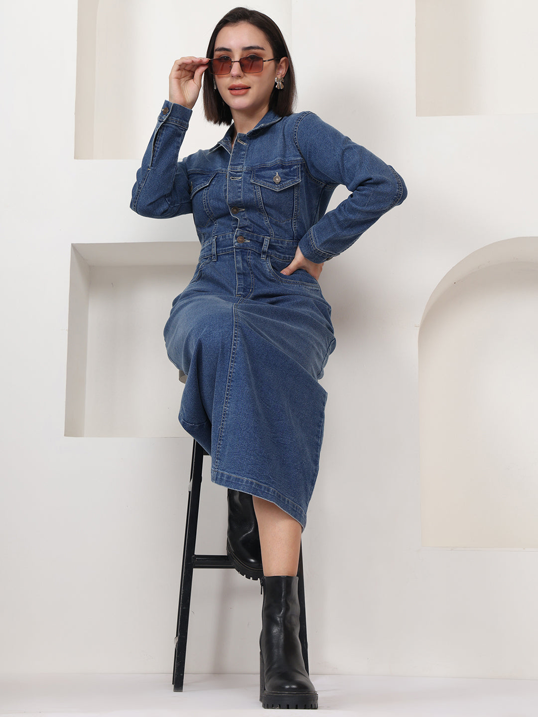 PUELLA Blue Solid Denim Sheath Maxi Dress