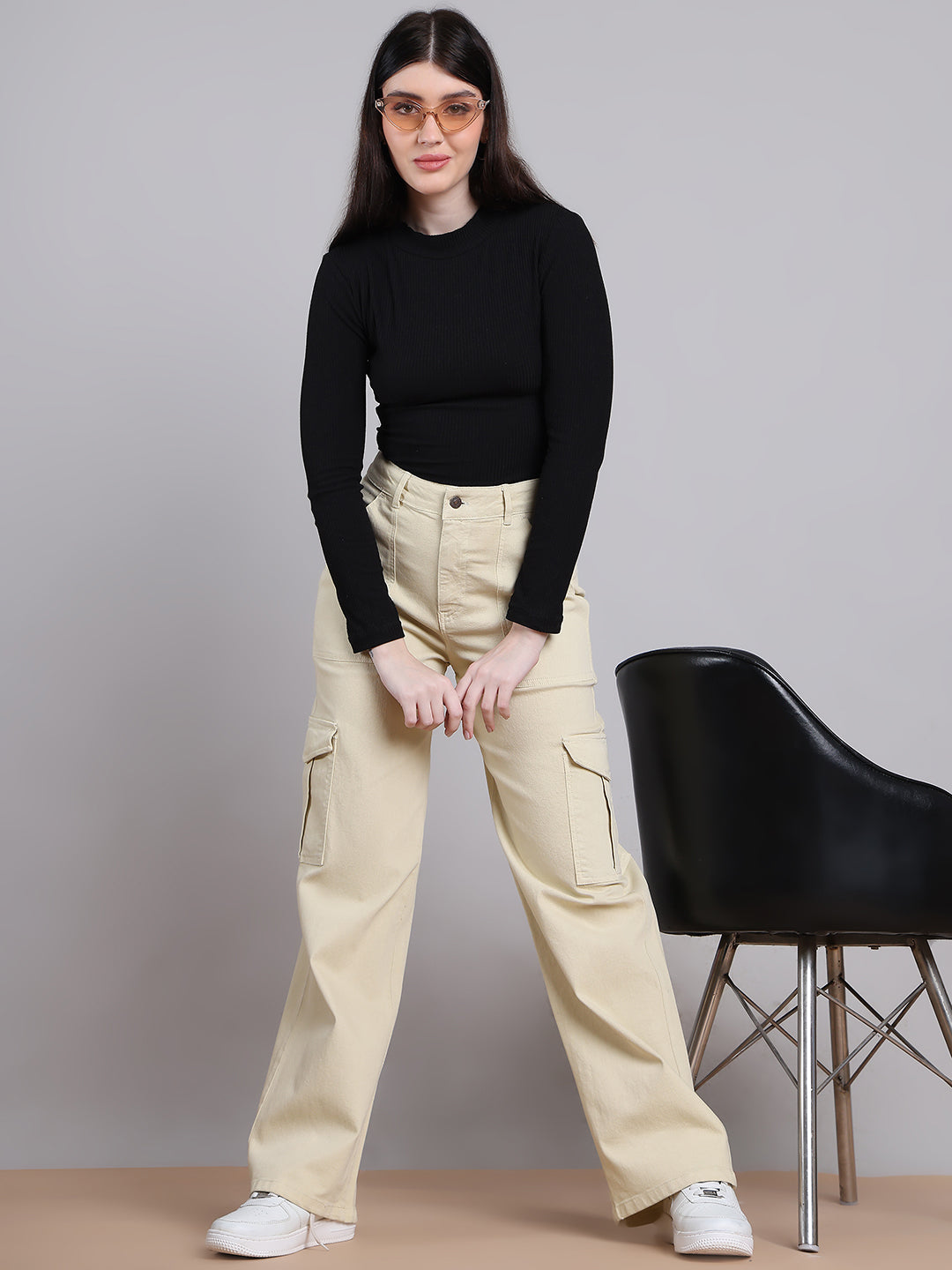 PUELLA Women Beige High-Rise Cargo Wide-Leg Jeans