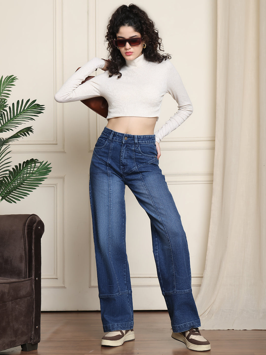PUELLA Women High-Rise Dark Blue Panelled Wide-Leg Jeans